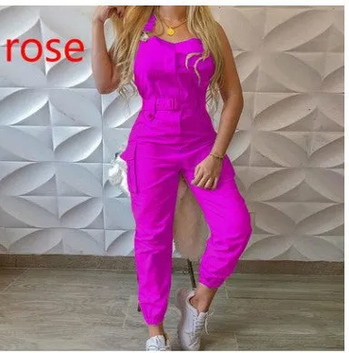 xiangtuibao HOT and NEW Cross Border Wish Women Workwear Pocket Design Jumpsuit Sleeveless Bib Simple Ankle Banded Pants Belt