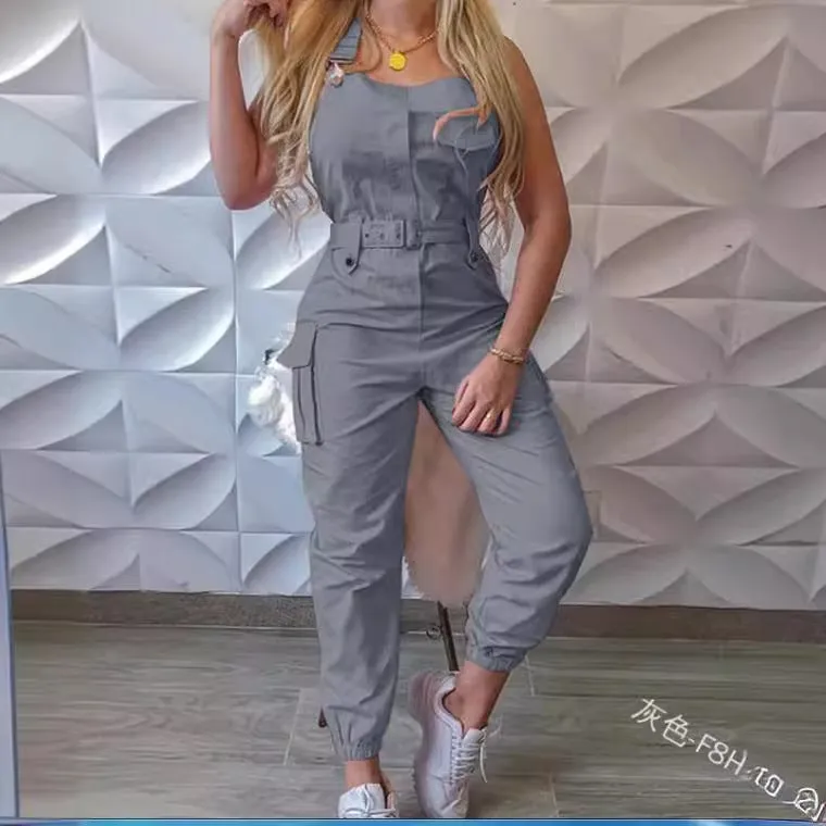 xiangtuibao HOT and NEW Cross Border Wish Women Workwear Pocket Design Jumpsuit Sleeveless Bib Simple Ankle Banded Pants Belt