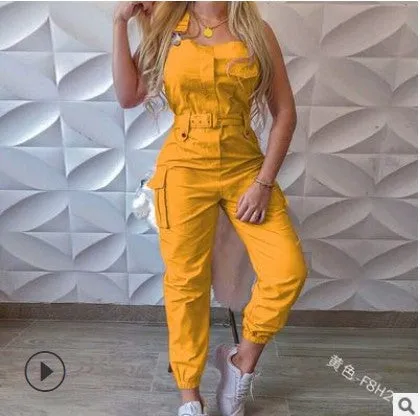 xiangtuibao HOT and NEW Cross Border Wish Women Workwear Pocket Design Jumpsuit Sleeveless Bib Simple Ankle Banded Pants Belt