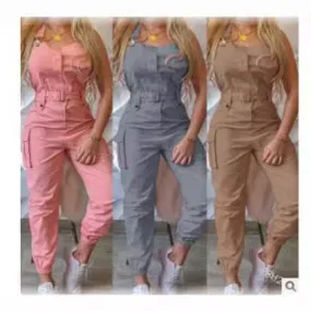 xiangtuibao HOT and NEW Cross Border Wish Women Workwear Pocket Design Jumpsuit Sleeveless Bib Simple Ankle Banded Pants Belt