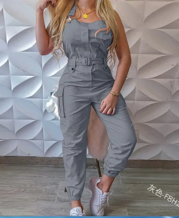 xiangtuibao HOT and NEW Cross Border Wish Women Workwear Pocket Design Jumpsuit Sleeveless Bib Simple Ankle Banded Pants Belt