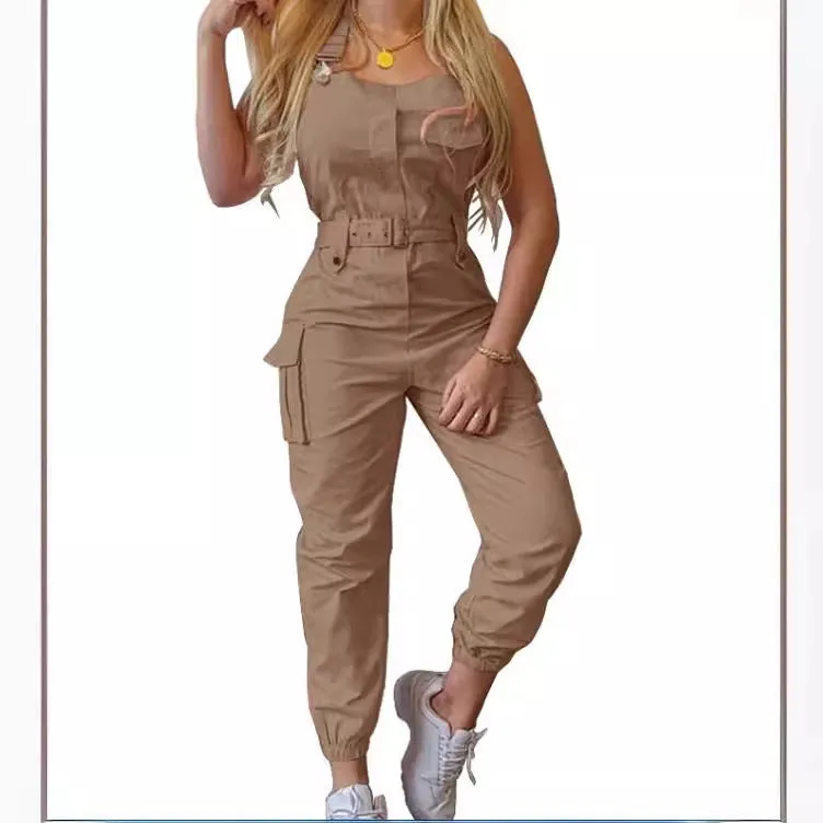 xiangtuibao HOT and NEW Cross Border Wish Women Workwear Pocket Design Jumpsuit Sleeveless Bib Simple Ankle Banded Pants Belt