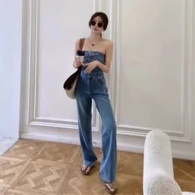 xiangtuibao Jeans for Women Summer High Waist Design Sense Chest-Wrapped Workwear Mopping Floor Niche Classic Style New Wide Leg Jumpsuit